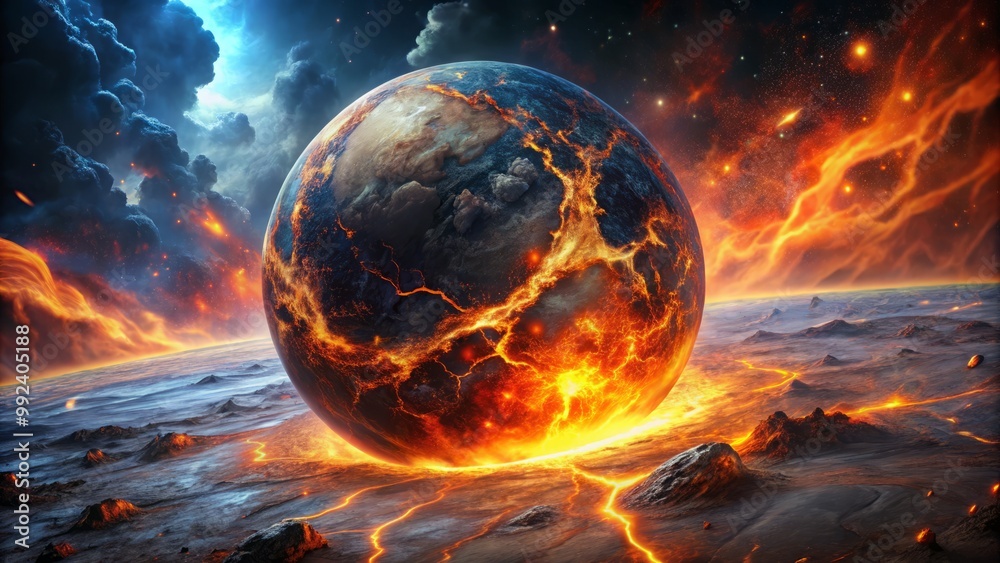 .A terrestrial planet in the process of differentiation, its surface a churning, turbulent mess of molten rock and metal, with flashes of bright, glowing light bursting forth from the depths. .A terrestrial planet in the process of differentiation, its surface a churning, turbulent mess of molten rock and metal, with flashes of bright, glowing light bursting forth from the depths.