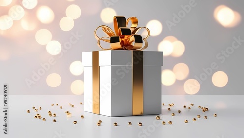 Elegant white and gold gift box with bokeh effect lights scattered on white background. Ideal for luxury branding, holiday promotions, and gift packaging visuals.