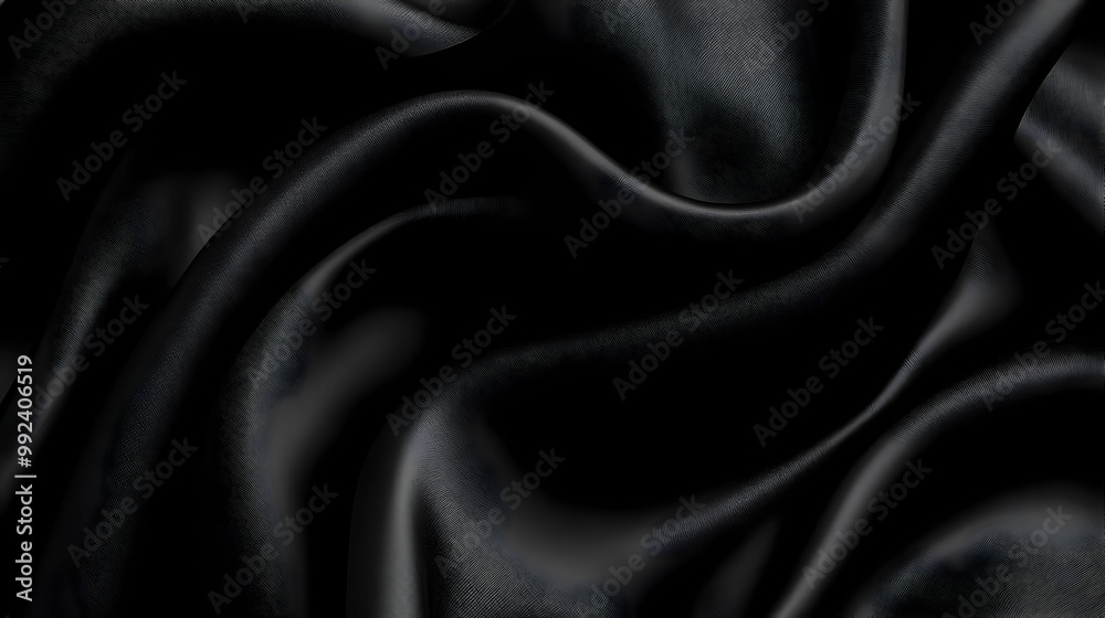 Fototapeta premium Black Satin Fabric Draped with Elegant Waves, Creating a Smooth and Luxurious Texture, Perfect for Backgrounds or Design Elements