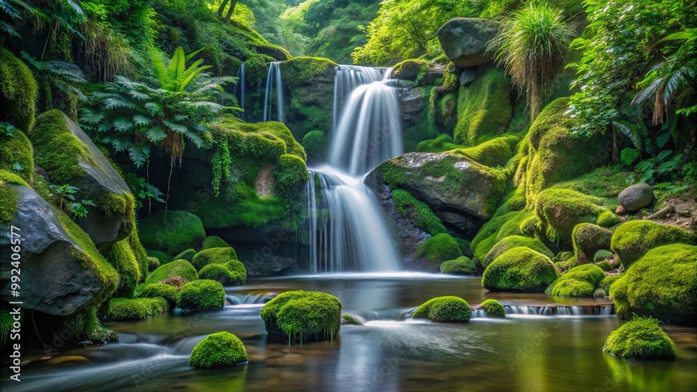 Serene Waterfall cascading through a lush forest, surrounded by moss-covered rocks and vibrant greenery. Serene Waterfall cascading through a lush forest, surrounded by moss-covered rocks and vibrant greenery.
