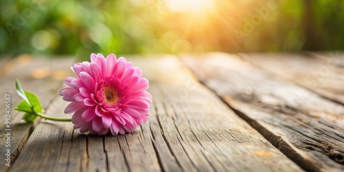 A single pink gerbera daisy laying on a wooden surface with a blurred background of sunlight and green foliage.
