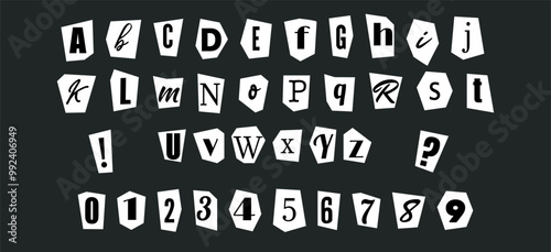 Cut letters set for secret message. Alphabet and numbers for anonymous message. Magazine clipping letter in collage style. Cut and torn paper.