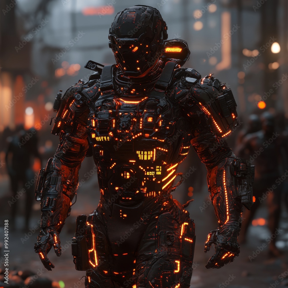 A futuristic armored zombie killer illuminated with glowing orange accents. A futuristic armored zombie killer illuminated with glowing orange accents.