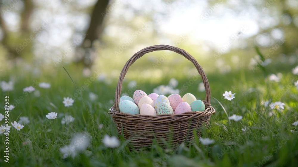A wicker basket overflows with pastel colored Easter eggs set on vibrant green grass among blooming white flowers on a warm day A wicker basket overflows with pastel colored Easter eggs set on vibrant green grass among blooming white flowers on a warm day