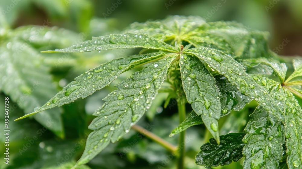 Water droplets cling to vibrant cannabis leaves, showcasing the freshness and beauty of nature after a recent rain shower Water droplets cling to vibrant cannabis leaves, showcasing the freshness and beauty of nature after a recent rain shower