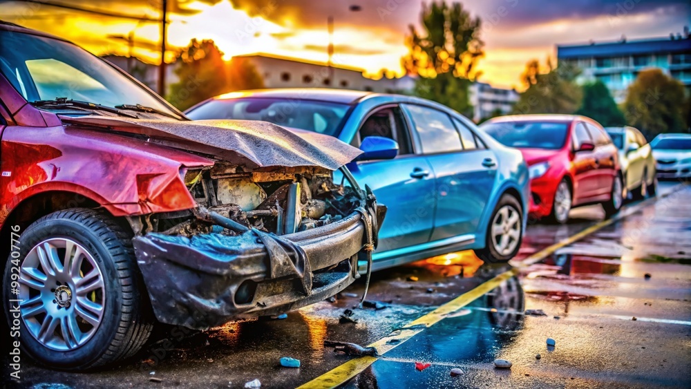 Fototapeta premium Collision in Parking Lot: Damaged Vehicles and Scratched Paint from a Minor Car Accident Scene