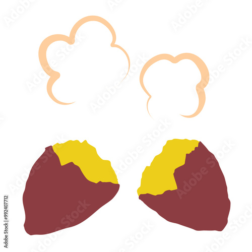 湯気が立っている半分に割ったさつまいも（焼き芋）のベクターイラスト