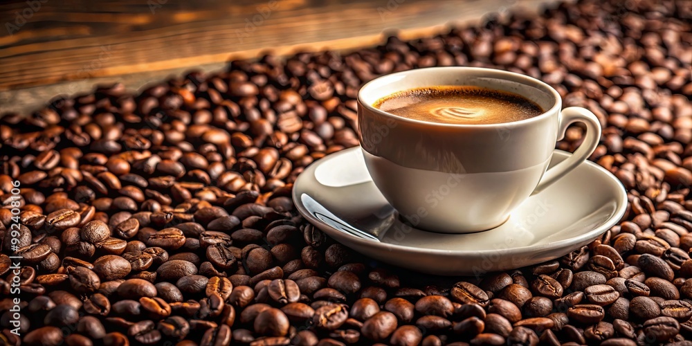 A steaming cup of coffee on a bed of roasted coffee beans, a perfect start to the day. A steaming cup of coffee on a bed of roasted coffee beans, a perfect start to the day.