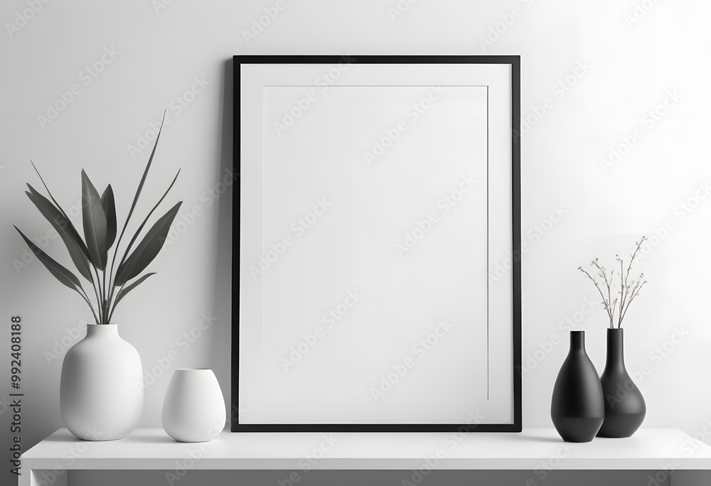 Black frame mockup is leaning on a white shelf against a white wall with minimalist black and white vases and a plant on each side Black frame mockup is leaning on a white shelf against a white wall with minimalist black and white vases and a plant on each side