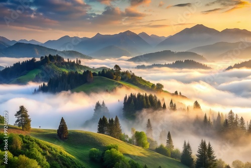 Misty Mountainscape Composition Emerging Gentle Slopes Fade into Soft Foggy Atmosphere