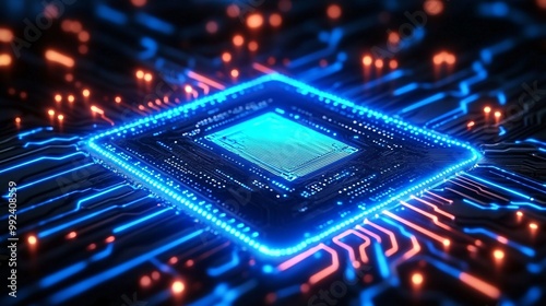 A dynamic perspective of a motherboard with a glowing blue neon microchip at its center, where the circuit paths pulse with energy in sync with the chip