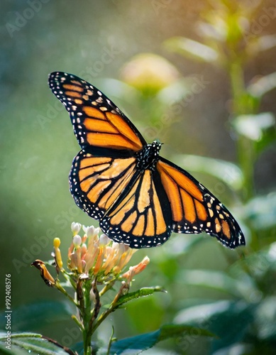 Isolated monarch butterfly with depth of field highlighting vibrant wings and delicate patterns