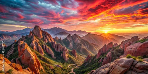 Crimson Sunrise unfolding above majestic mountain landscapes, revealing intricate rock patterns and gentle slopes.