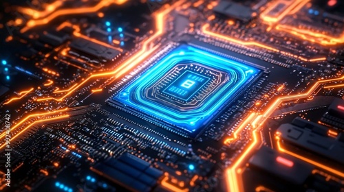 A dynamic perspective of a motherboard with a glowing blue neon microchip at its center