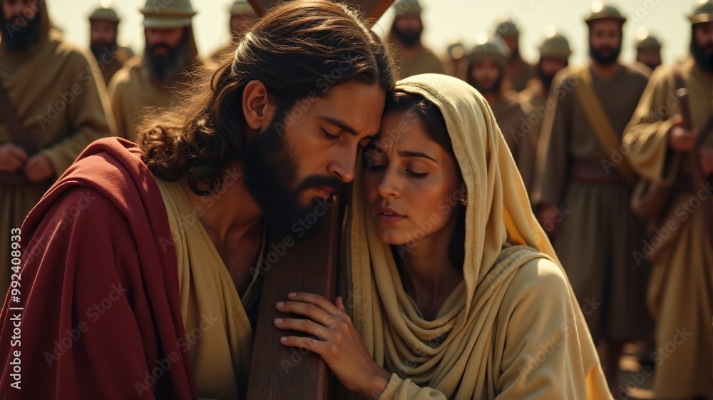The Compassion of a Mother, As Jesus struggles to carry the cross, Mary kneels beside Him, her face tear-streaked yet filled with resolve. The Roman soldiers are in the background. The Compassion of a Mother, As Jesus struggles to carry the cross, Mary kneels beside Him, her face tear-streaked yet filled with resolve. The Roman soldiers are in the background.