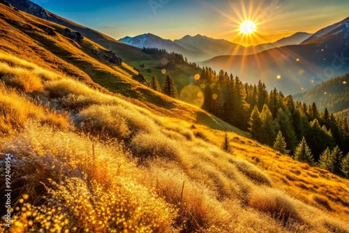 Golden hour on mountain slopes is rendered in shimmering pointillist strokes, as delicate flecks of light and color blend to evoke the soft rustle of alpine grasses  photo