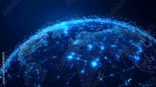 Digital Earth, Connected World, Network of Lines, Blue Background, Abstract, Technology Concept, Graphic Design, Global Communication, Worldwide Connections