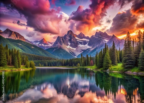 Dramatic skies ERUPT with vibrant hues of pink and purple, illuminating the majestic grandeur of towering peaks, nestled among serene alpine lakes, and surrounded by lush forests and rolling hills.