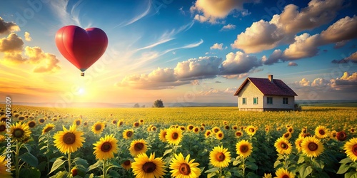 A heart shaped hot air balloon soaring over a field of sunflowers at sunset with a quaint cottage in the distance photo