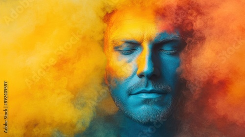 A man with closed eyes is enveloped in colorful smoke, blending blue, yellow, and orange hues for a striking and artistic representation