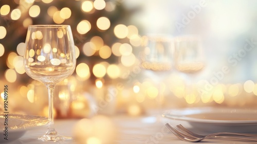 A festive table setting features sparkling glassware and plates, complemented by a beautifully lit Christmas tree in the background