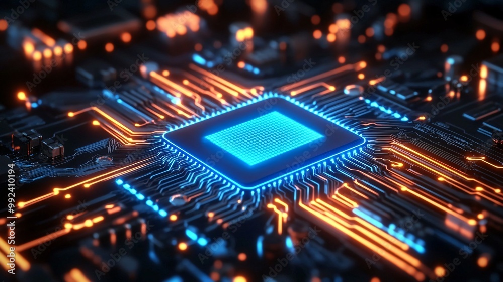 A high-tech microchip displayed with soft blue neon lighting outlining its edges, creating an ethereal effect that enhances its complex structure A high-tech microchip displayed with soft blue neon lighting outlining its edges, creating an ethereal effect that enhances its complex structure