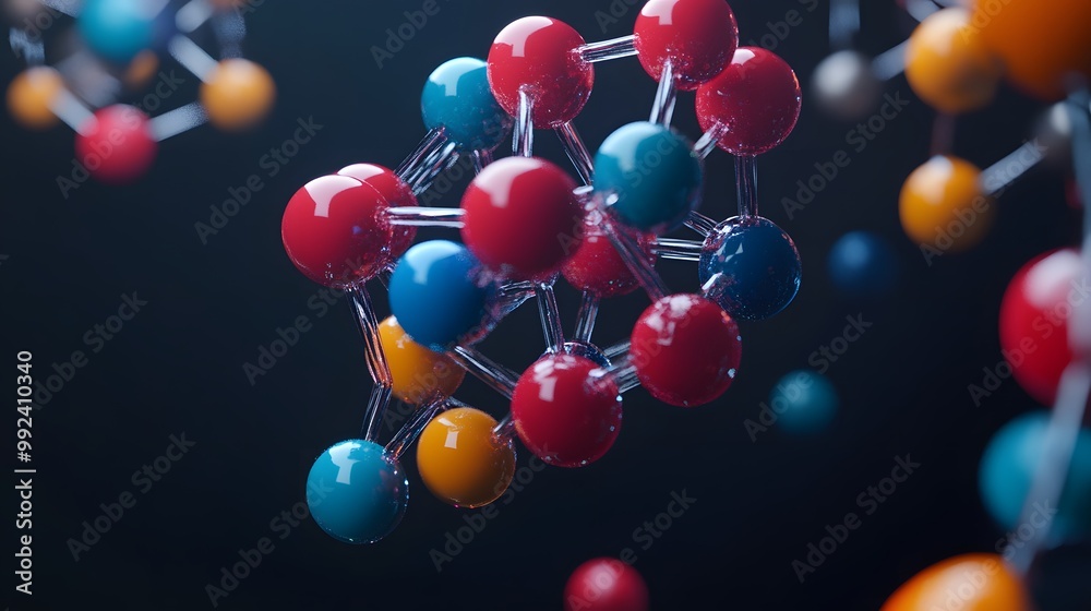 Abstract Molecular Structure with Red, Blue, and Yellow Spheres Abstract Molecular Structure with Red, Blue, and Yellow Spheres