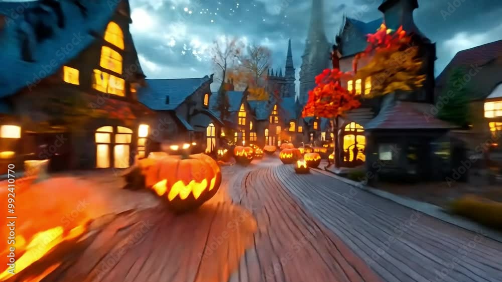 A quaint village adorned with illuminated pumpkins and warm lights creates a festive Halloween atmosphere at twilight. A quaint village adorned with illuminated pumpkins and warm lights creates a festive Halloween atmosphere at twilight.