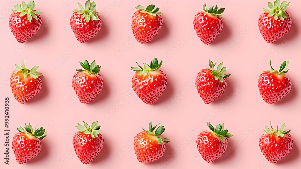 Red Ripe Strawberries Arranged in a Pattern on Pink Background Red Ripe Strawberries Arranged in a Pattern on Pink Background