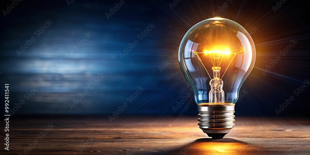 A Glowing Light Bulb on a Wooden Surface with a Dramatic Blue Background A Glowing Light Bulb on a Wooden Surface with a Dramatic Blue Background