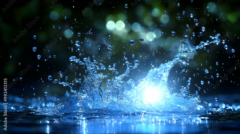 Water Splashing and Creating a Blue Abstract Background With Droplets Falling Downward Water Splashing and Creating a Blue Abstract Background With Droplets Falling Downward
