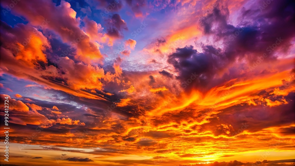 A vibrant sunset sky with a captivating mix of fiery orange and purple hues, showcasing the breathtaking beauty of nature's celestial display A vibrant sunset sky with a captivating mix of fiery orange and purple hues, showcasing the breathtaking beauty of nature's celestial display