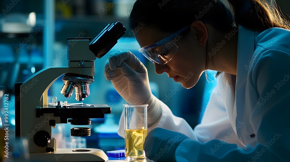 A Female Scientist Works with a Microscope in a Laboratory