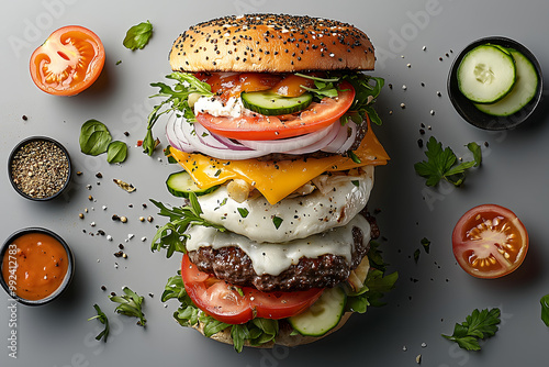 n overhead shot of a towering six-layer burger with each ingredient clearly visible fresh vegetables, melted cheese, two beef patties, juic photo