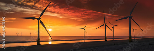 Eolic Wind Turbines Energy Supplies Electricity to a Beach City. Distribution of Clean and Sustainable Energy Power photo