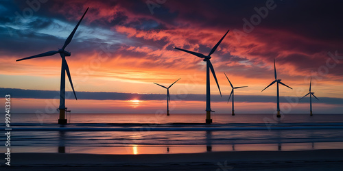 Eolic Wind Turbines Energy Supplies Electricity to a Beach City. Distribution of Clean and Sustainable Energy Power photo