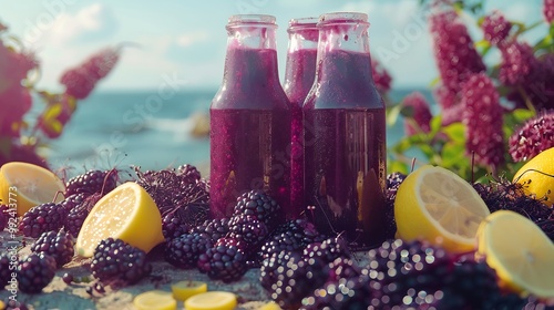 Refreshing elderberry lemon detox smoothie served minimalist glass jar beachfront wellness retreat fitness enthusiasts practicing yoga enjoying balanced active lifestyle Scientific name Sambucus nigra photo