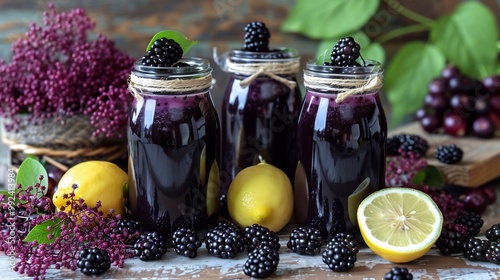 Refreshing elderberry lemon detox smoothie served minimalist glass jar beachfront wellness retreat fitness enthusiasts practicing yoga enjoying balanced active lifestyle Scientific name Sambucus nigra photo