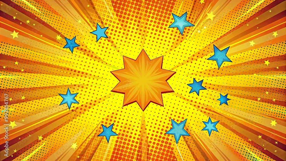 Fototapeta premium A bold and colorful design featuring a central burst of yellow radiating out, accented by blue stars and a dotted pattern.
