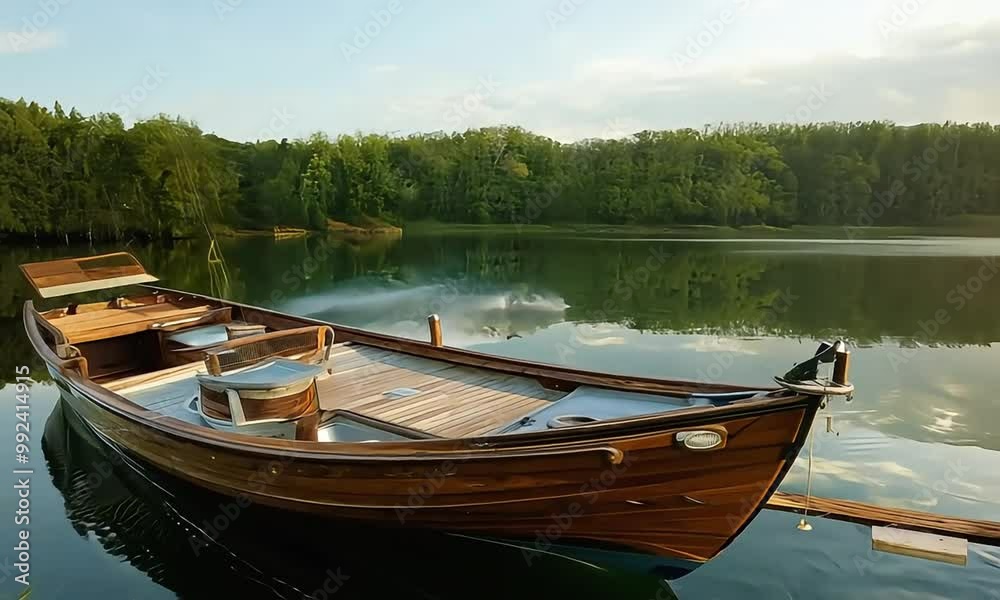 Wooden boat docked at a lake with trees and reflection of the sky. Wooden boat docked at a lake with trees and reflection of the sky.