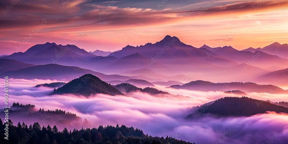 Obraz premium A mountain vista with a vibrant sunset sky and a sea of clouds, showcasing the beauty of nature in its ethereal form.