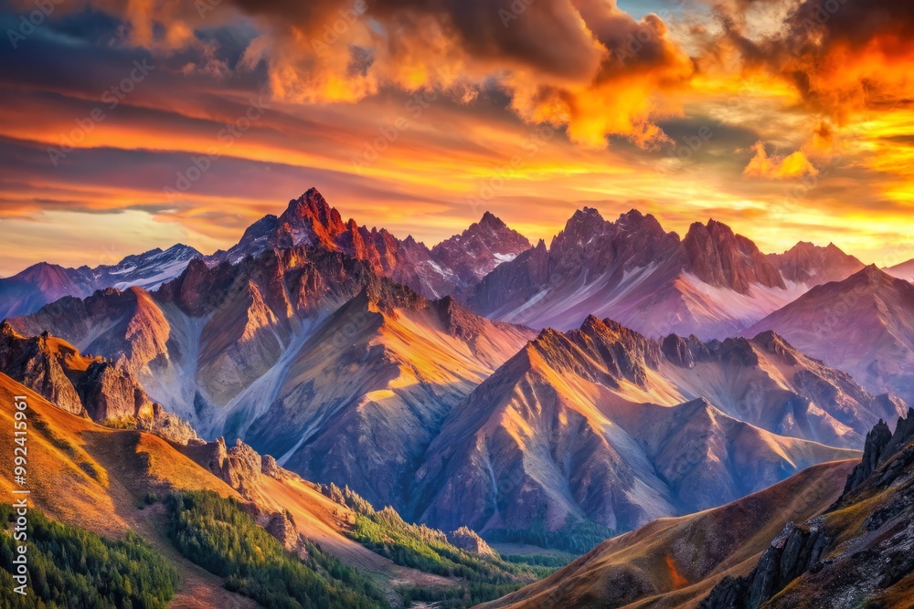 Mountainous terrain distorted into abstracted forms, with rugged peaks and valleys merging into a kaleidoscope of colors, illuminated by soft pink and orange hues of daybreak. Mountainous terrain distorted into abstracted forms, with rugged peaks and valleys merging into a kaleidoscope of colors, illuminated by soft pink and orange hues of daybreak.