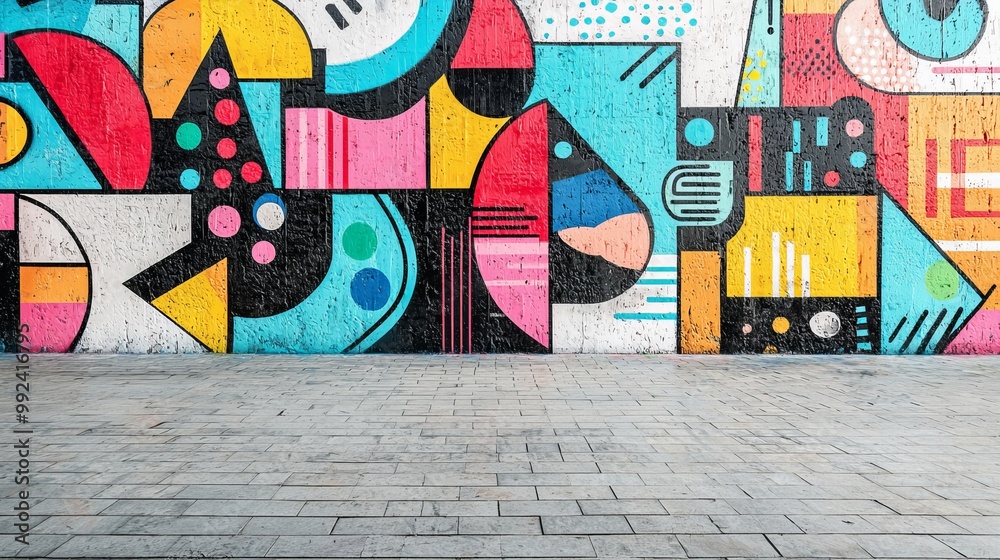 Fototapeta premium Minimalistic graffiti wall with simple lines and shapes, monochromatic palette with bold pops of color