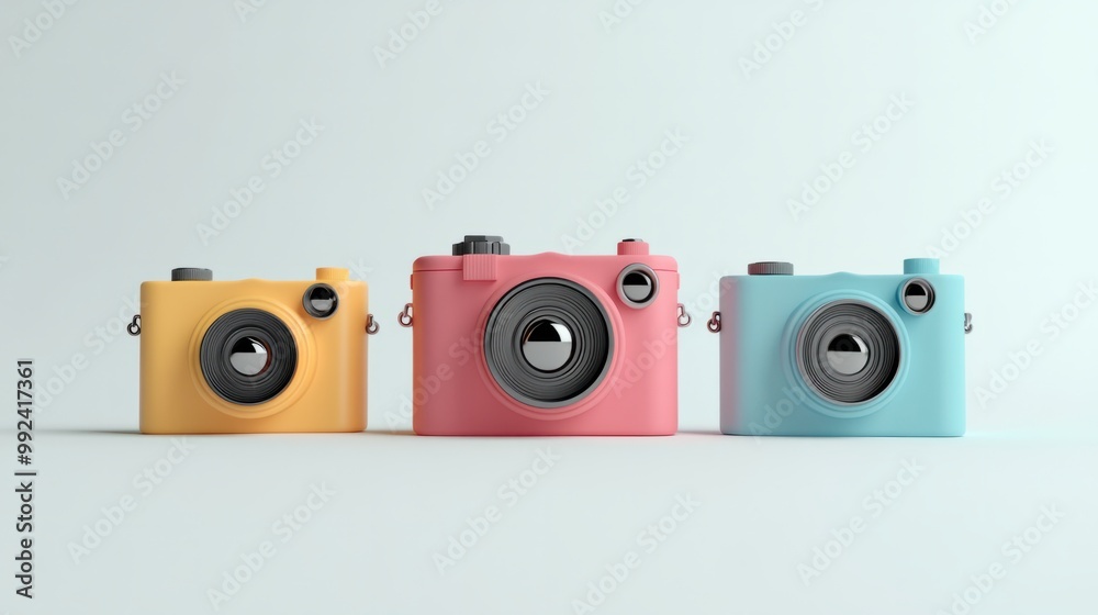 A clean, minimalist set of three modern cute 3D cameras, arranged on a plain white background A clean, minimalist set of three modern cute 3D cameras, arranged on a plain white background