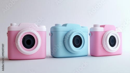 A clean, minimalist set of three modern cute 3D cameras, arranged on a plain white background