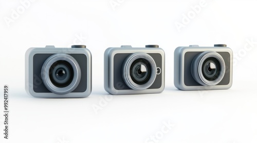 A set of three modern 3D cameras with minimalistic designs and smooth finishes, isolated on white