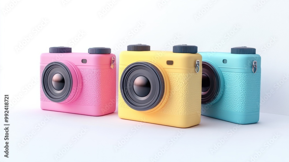 Fototapeta premium Set of three trendy, tech-forward 3D cameras, in vibrant colors, against a white backdrop