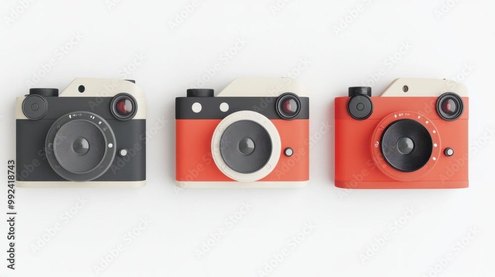 Stylish cameras in minimalistic designs, displayed in a set of three on a clean white background