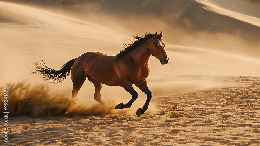 Horse Running Through Sand Dunes at Sunset Horse Running Through Sand Dunes at Sunset