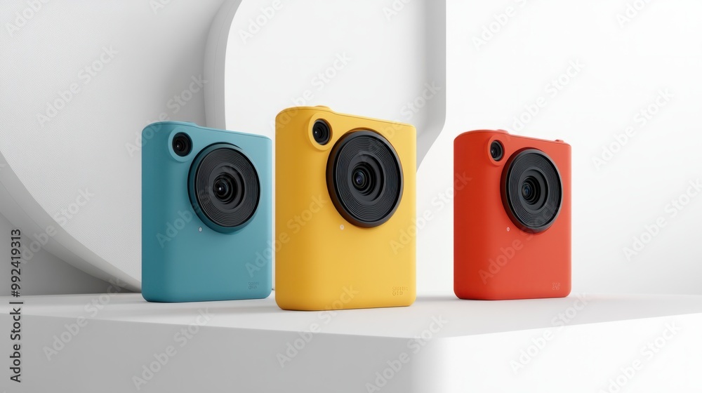 Three sleek, vibrant 3D cameras in a minimalistic set, placed on white background Three sleek, vibrant 3D cameras in a minimalistic set, placed on white background